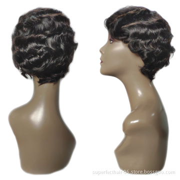 Short Human Hair Wigs  Machine Made Non Lace Wig Ocean Wave Natural Color 8Inches